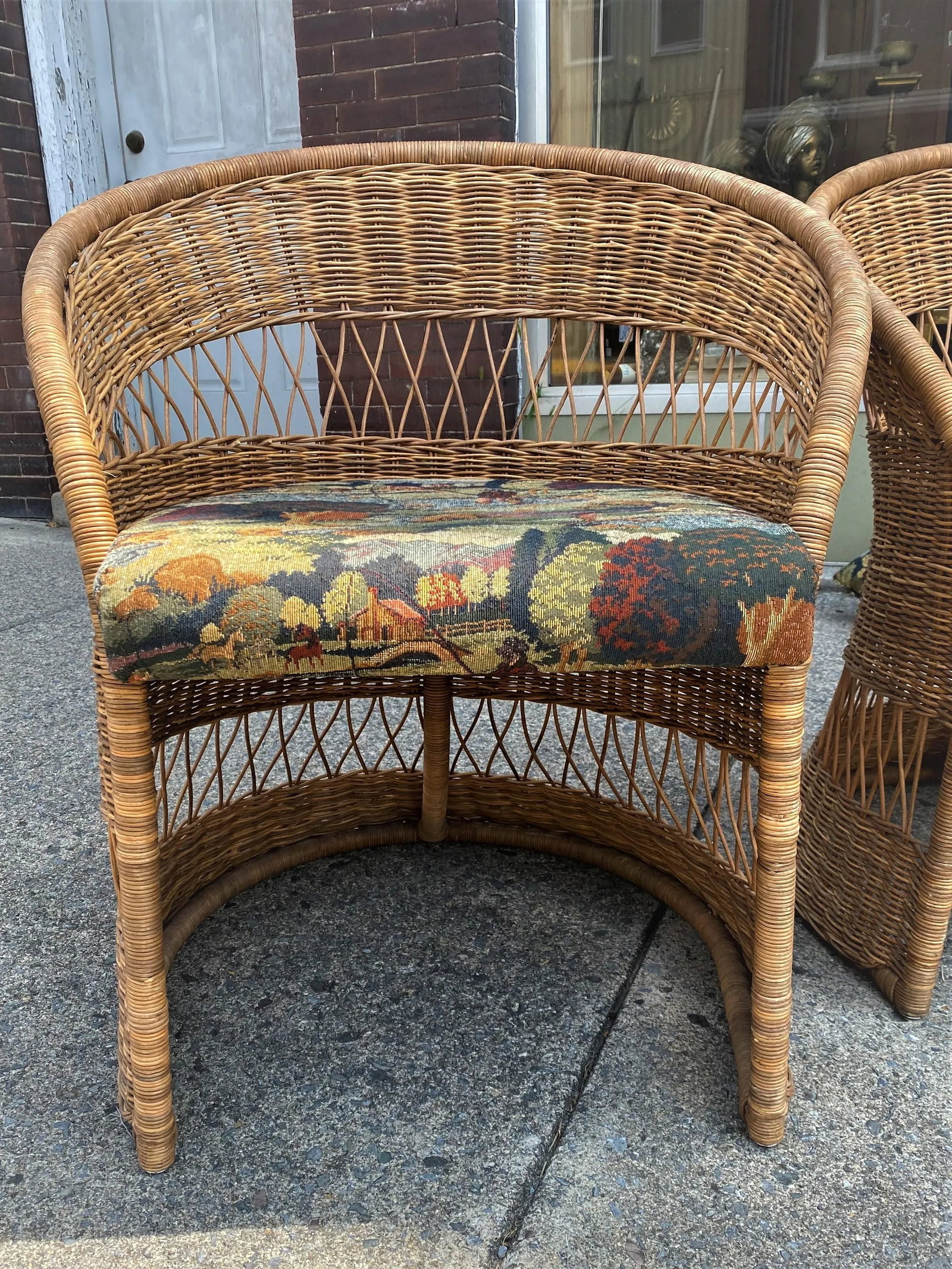 Natural Wicker Mid Century Barrel Chairs With Fishing Upholstery & Pillows - a Pair - 5