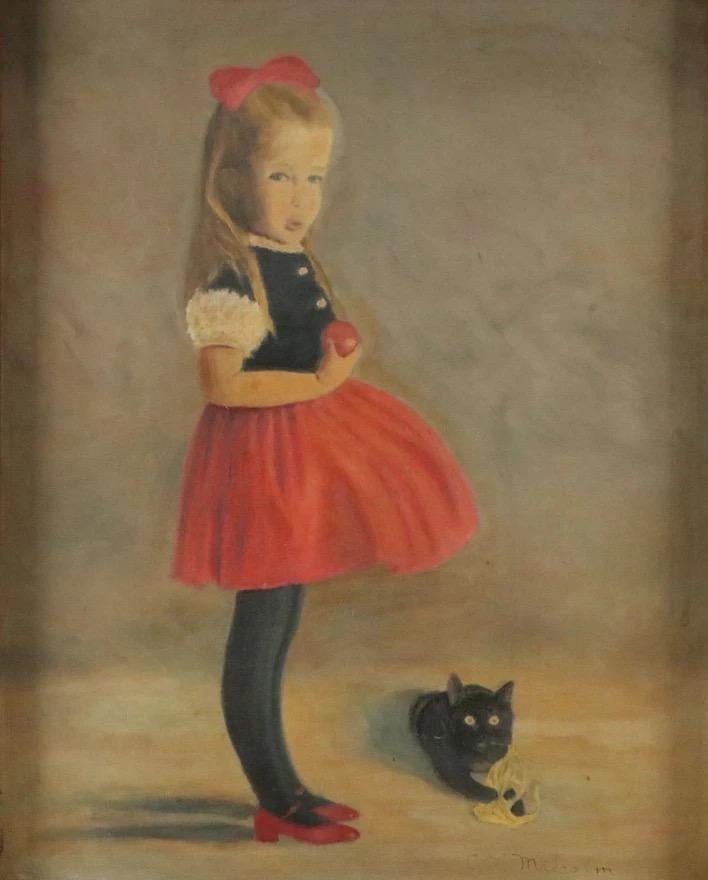 C. L. Malcolm (American 20th C.) 1940's Oil Painting of Young Girl and a Favorite Cat - 5