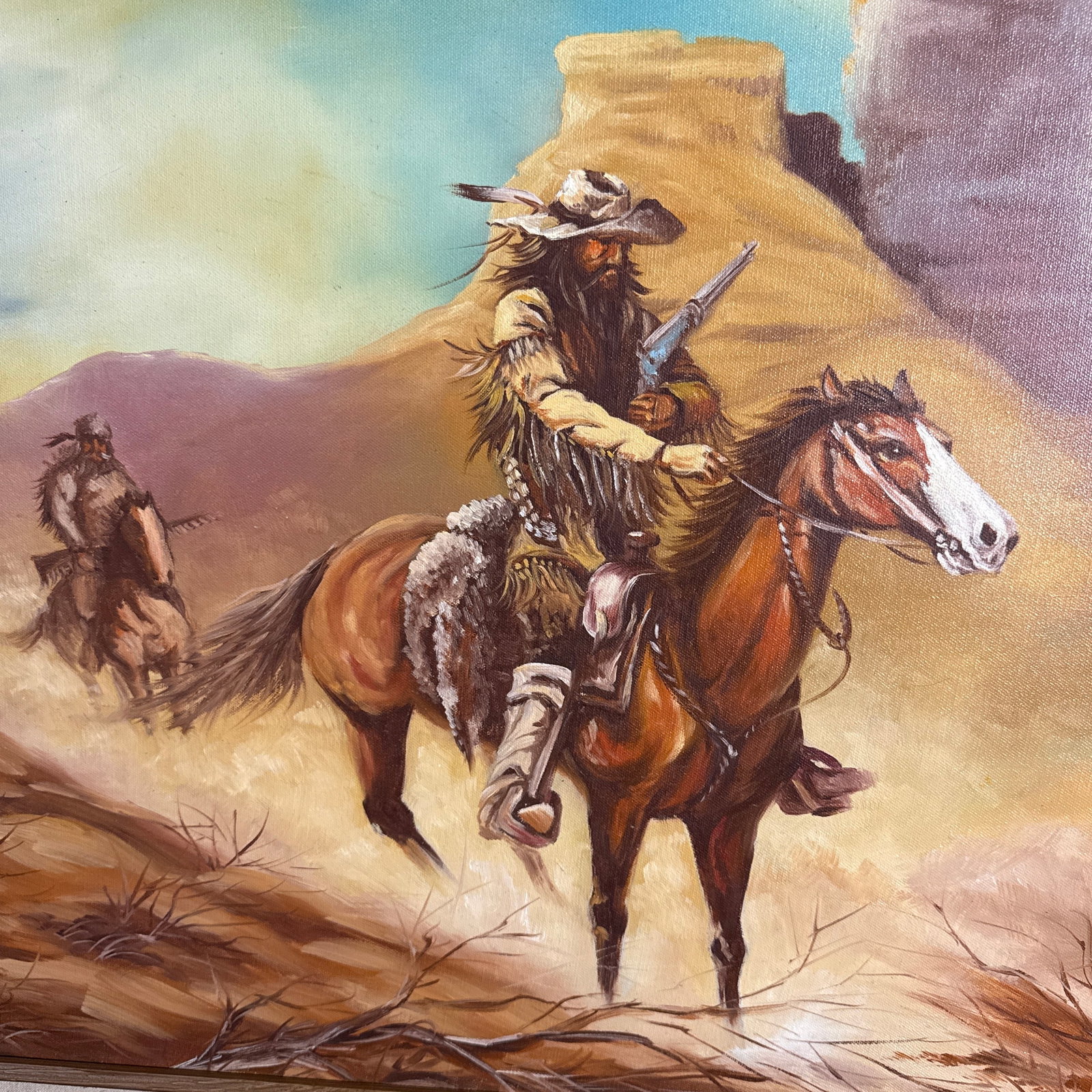 Vintage Western Cowboy Desert Landscape Painting Framed ~ Signed w.m. Steiner - 3
