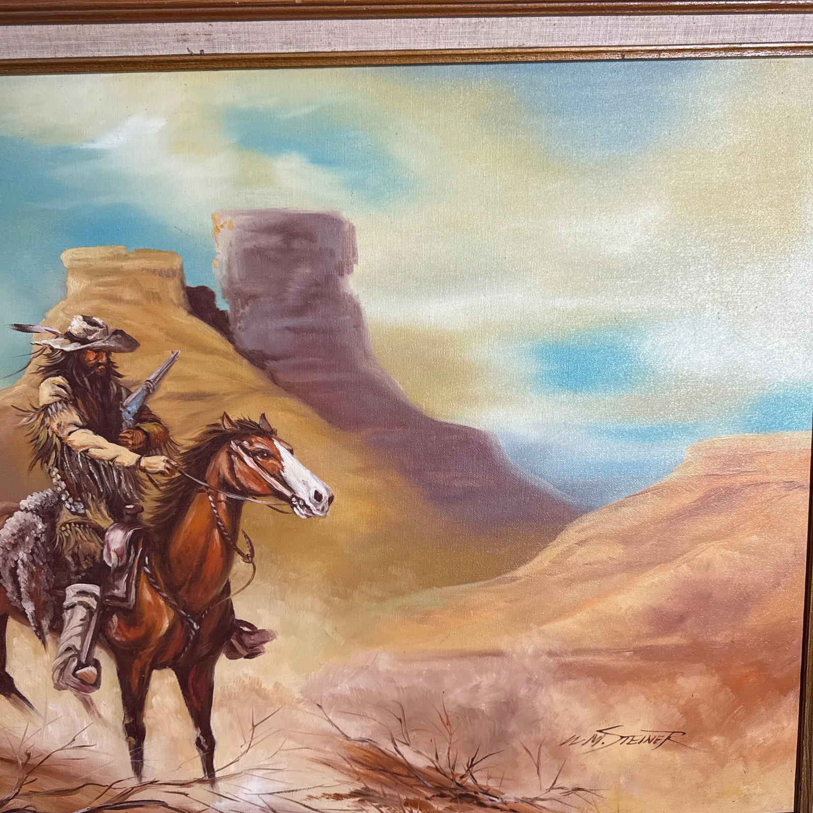 Vintage Western Cowboy Desert Landscape Painting Framed ~ Signed w.m. Steiner - 4