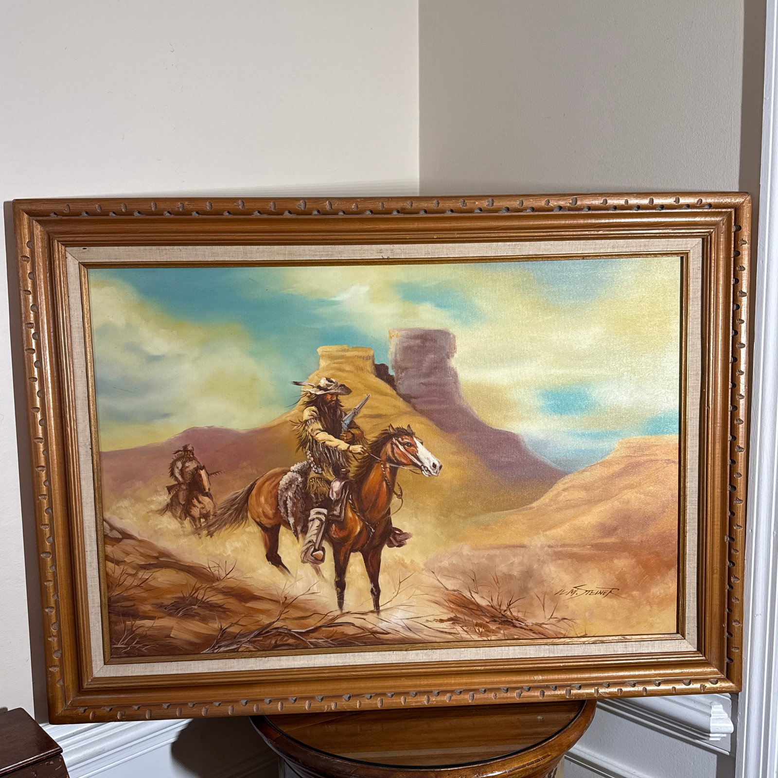 Vintage Western Cowboy Desert Landscape Painting Framed ~ Signed w.m. Steiner - 8