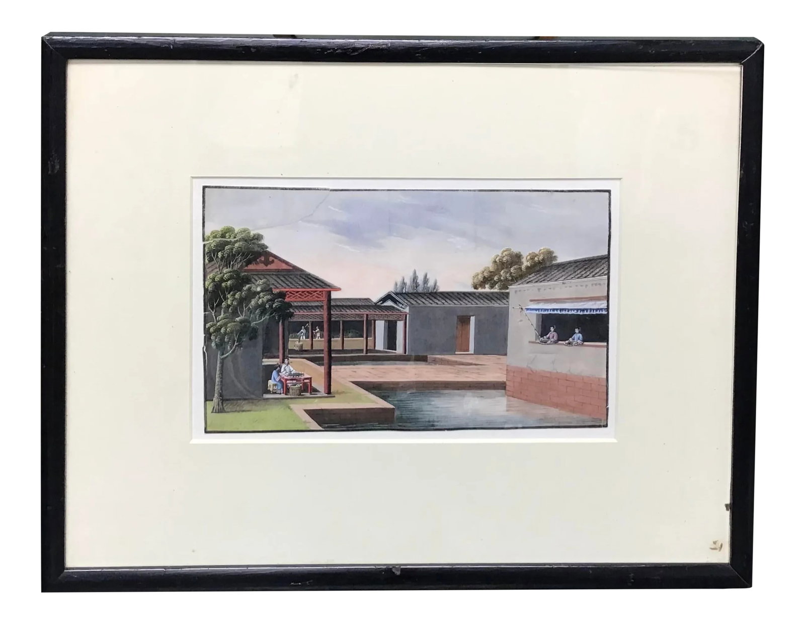 Antique Chinese Gouache Pith Painting: Fantastic framed and matted antique Chinese painting of a village scene. Painted on pith paper with gouache in bold colors in typical style. Having the expected wear and foxing. 12 1/2" by 16" framed.