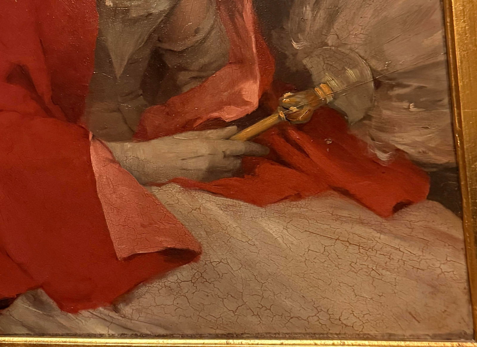 1900s 42" Signed William Henry Hyde Ana Gilded Age Oil Portrait, Socialite in Red Cloak and Ostrich - 12