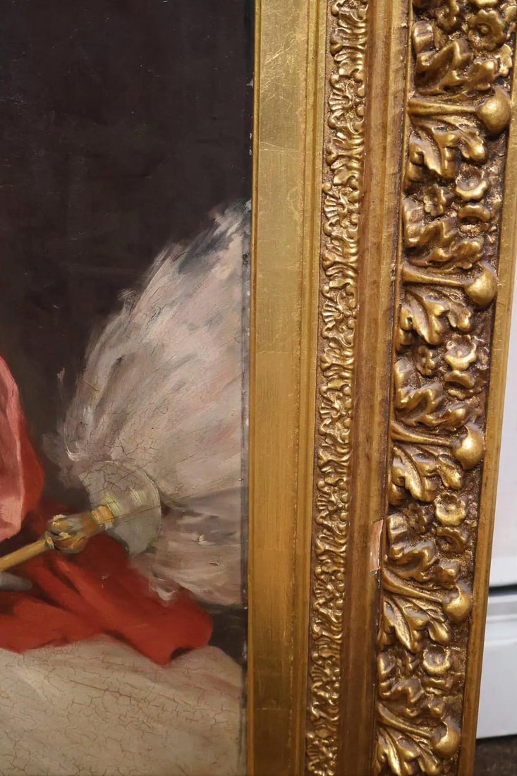 1900s 42" Signed William Henry Hyde Ana Gilded Age Oil Portrait, Socialite in Red Cloak and Ostrich - 15