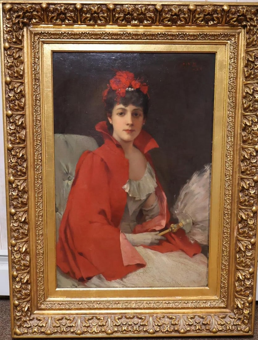 1900s 42" Signed William Henry Hyde Ana Gilded Age Oil Portrait, Socialite in Red Cloak and Ostrich - 18