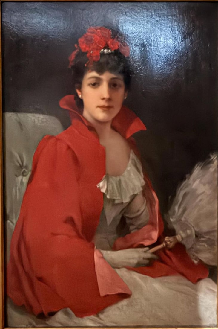 1900s 42" Signed William Henry Hyde Ana Gilded Age Oil Portrait, Socialite in Red Cloak and Ostrich - 2