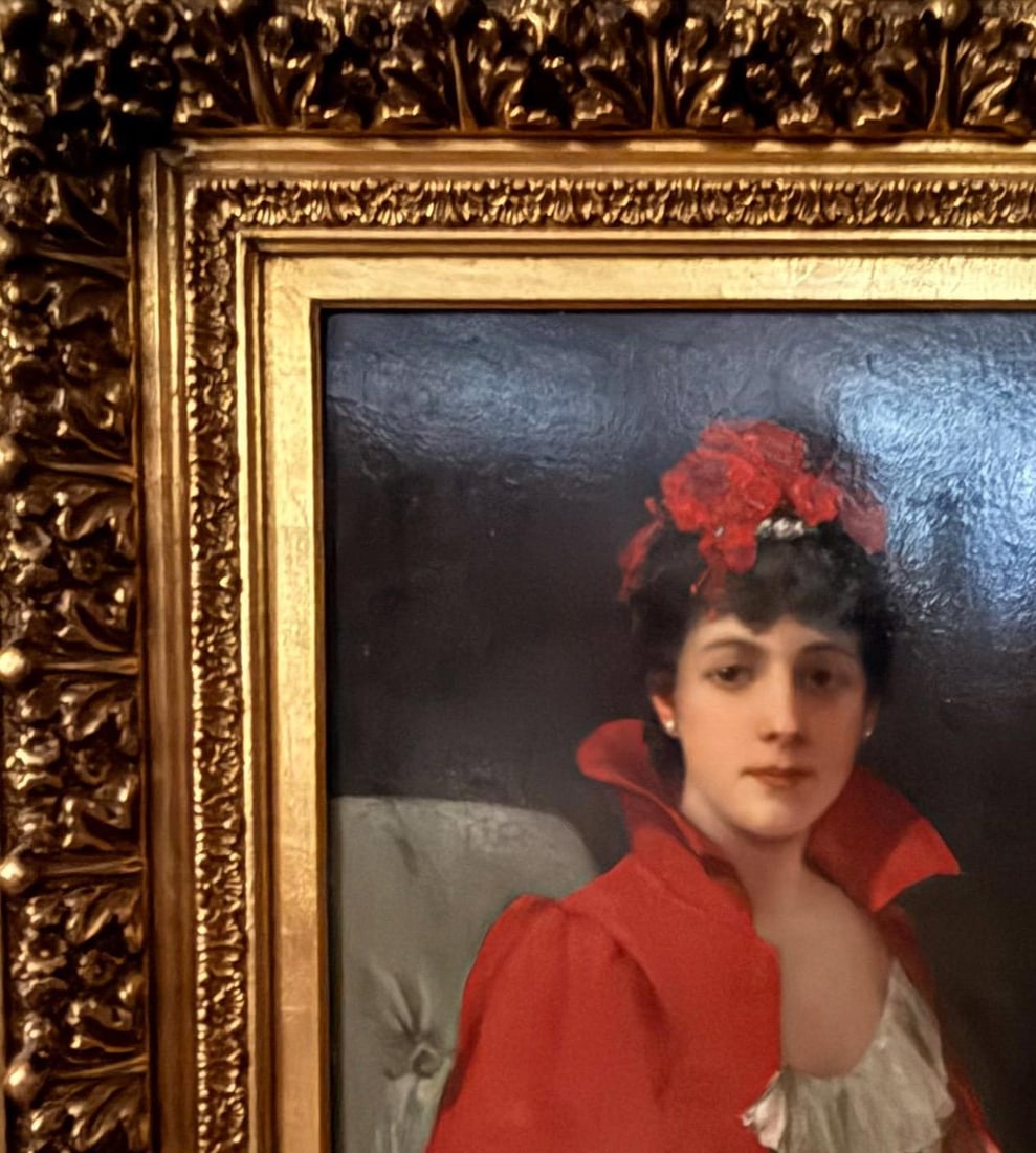 1900s 42" Signed William Henry Hyde Ana Gilded Age Oil Portrait, Socialite in Red Cloak and Ostrich - 4