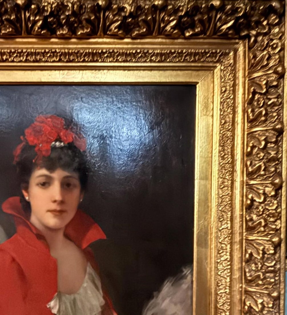 1900s 42" Signed William Henry Hyde Ana Gilded Age Oil Portrait, Socialite in Red Cloak and Ostrich - 5