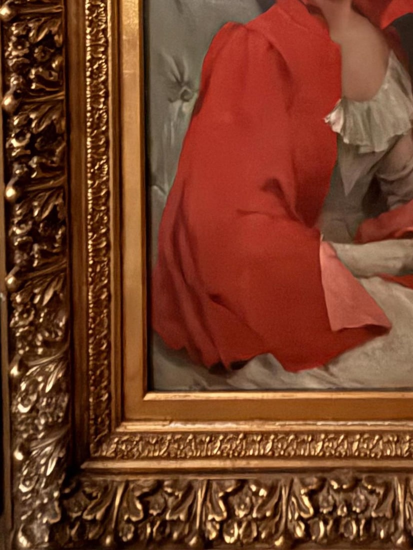 1900s 42" Signed William Henry Hyde Ana Gilded Age Oil Portrait, Socialite in Red Cloak and Ostrich - 6
