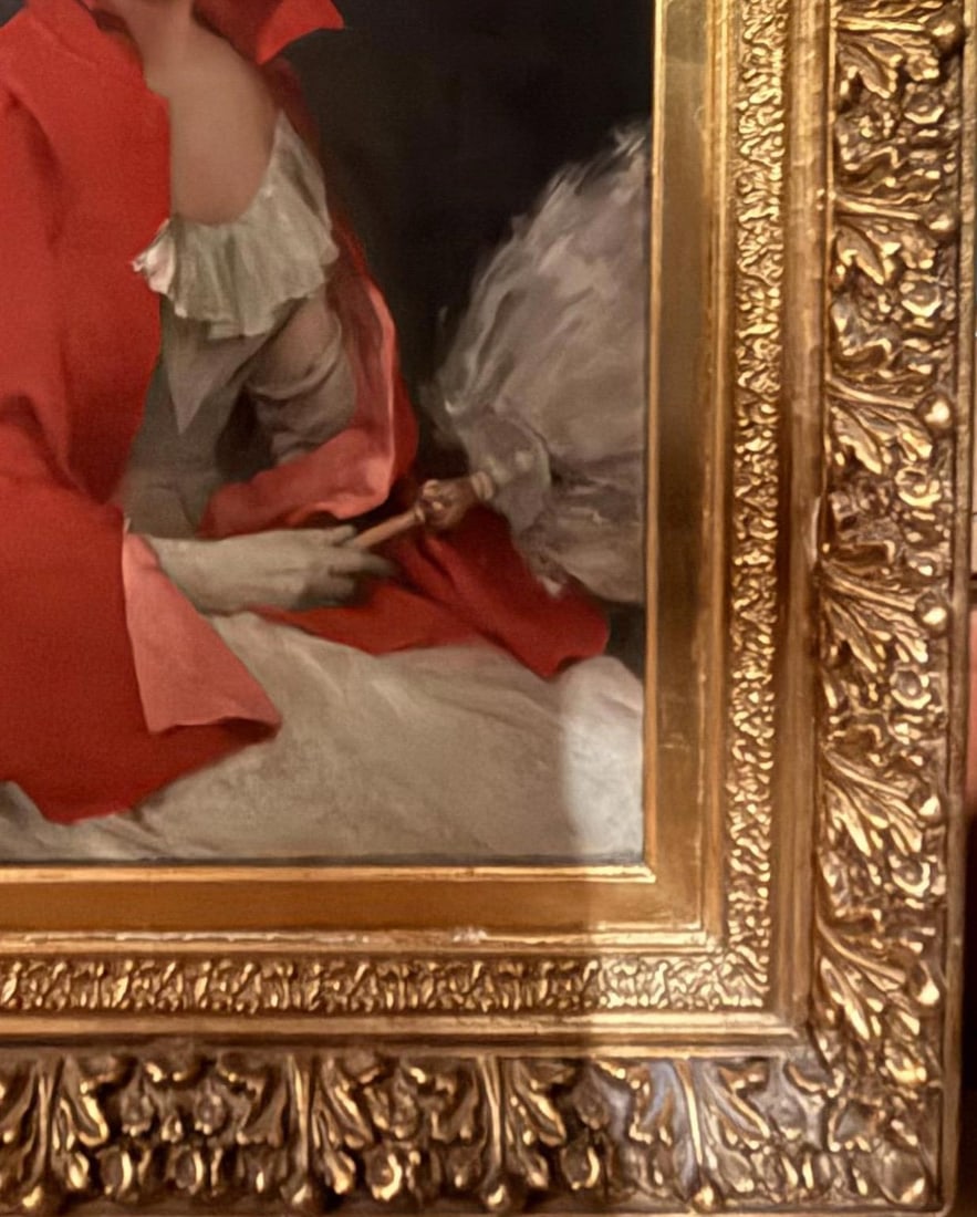 1900s 42" Signed William Henry Hyde Ana Gilded Age Oil Portrait, Socialite in Red Cloak and Ostrich - 7