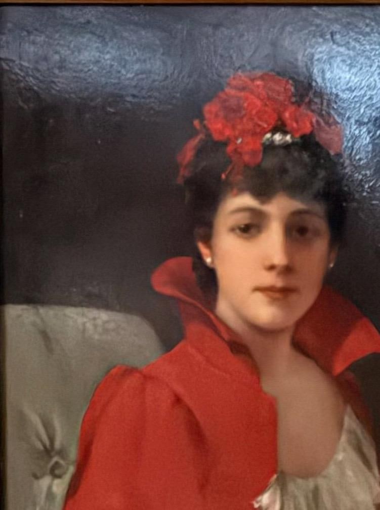 1900s 42" Signed William Henry Hyde Ana Gilded Age Oil Portrait, Socialite in Red Cloak and Ostrich - 8