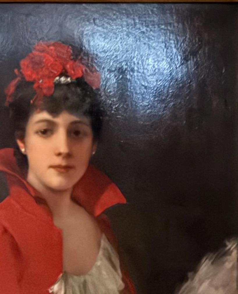 1900s 42" Signed William Henry Hyde Ana Gilded Age Oil Portrait, Socialite in Red Cloak and Ostrich - 9