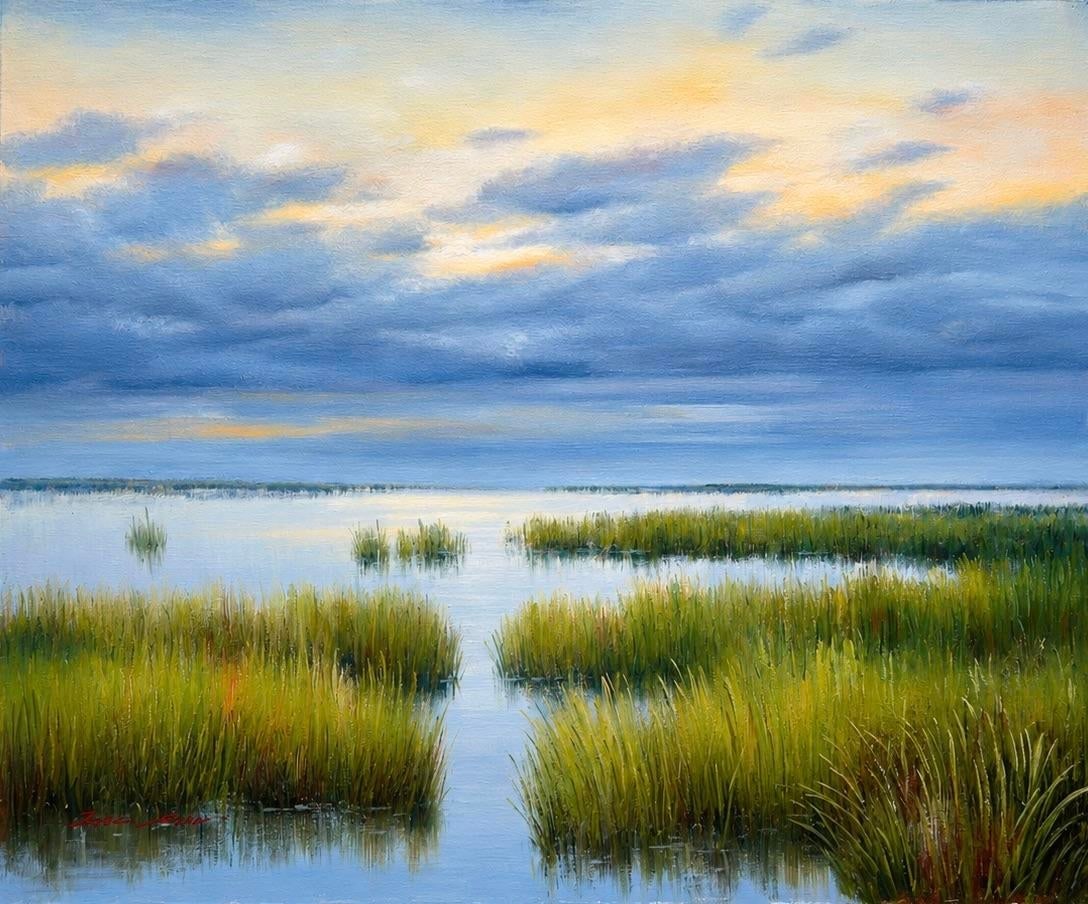Original Coastal Marsh Oil Painting, 20 X 24 Unstretched Canvas, Blue Sky Wetlands Landscape Art - 2