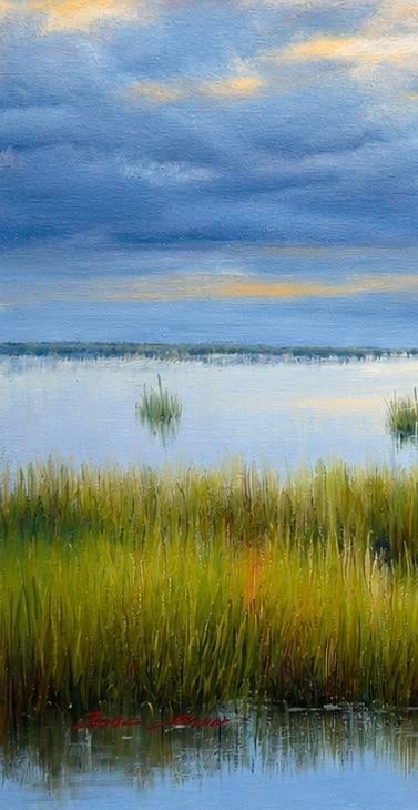 Original Coastal Marsh Oil Painting, 20 X 24 Unstretched Canvas, Blue Sky Wetlands Landscape Art - 4