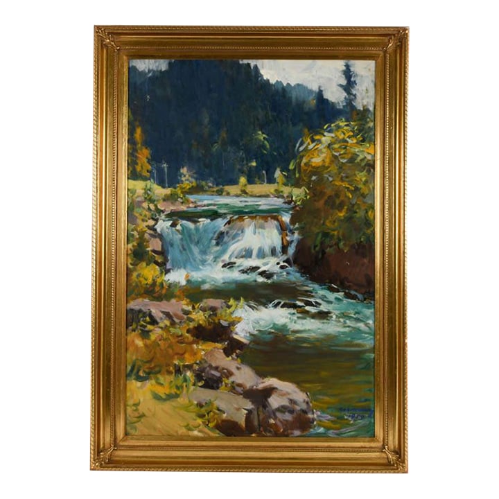 Framed Signed Gentle Waterfall Painting on Canvas: This Framed Signed Gentle Waterfall Painting on Canvas captures the serene beauty of a forest stream cascading softly over a rocky ledge before flowing into the bending banks below. Rich brushstrokes