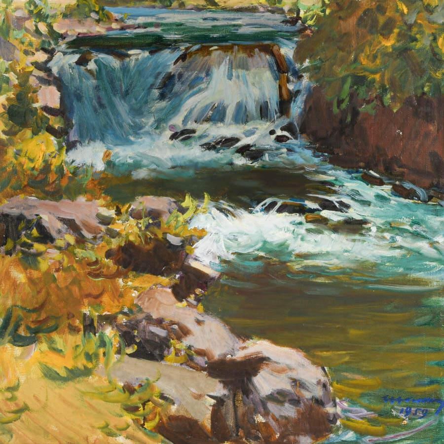 Framed Signed Gentle Waterfall Painting on Canvas - 2
