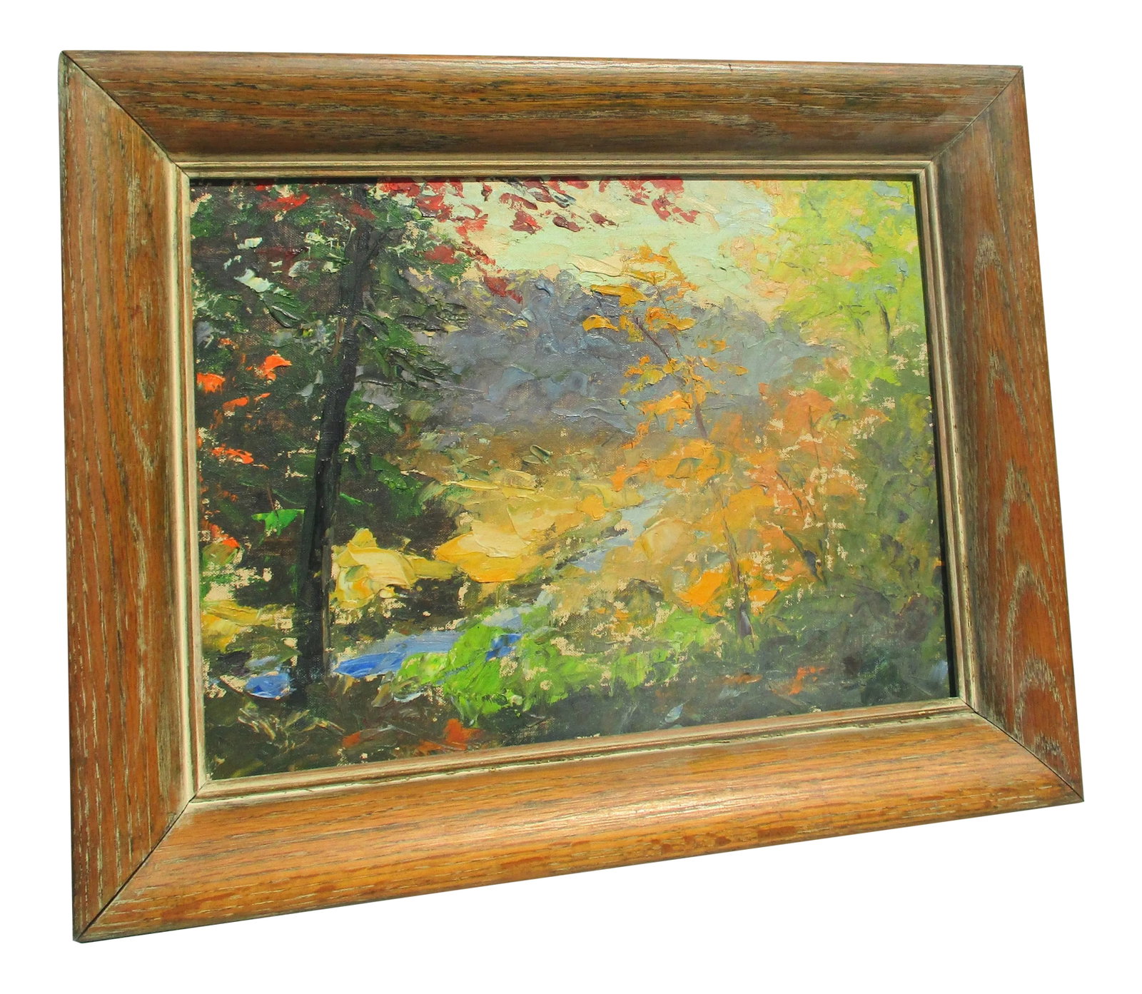 Mid-Century Painting of Autumn Valley: Palette knife artwork on canvas panel. Unsigned artwork in a period oak frame. Sourced from mid-New Jersey in the 1980s' Unsigned but great quality and skill in the handling of color and impression