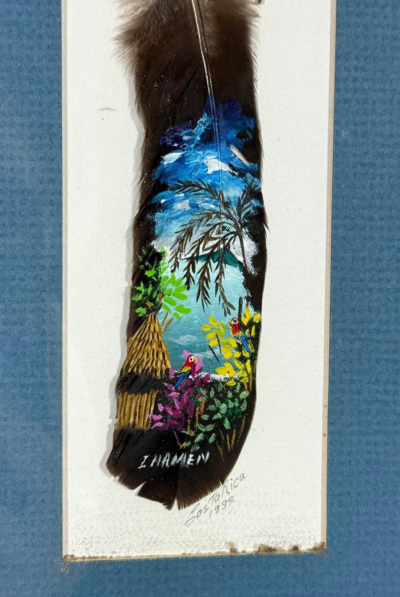 Vintage 1992 Costa Rica Hand-Painted Feather Art, Framed & Signed - 2