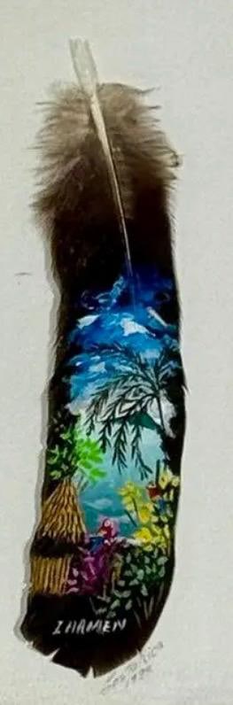 Vintage 1992 Costa Rica Hand-Painted Feather Art, Framed & Signed - 3