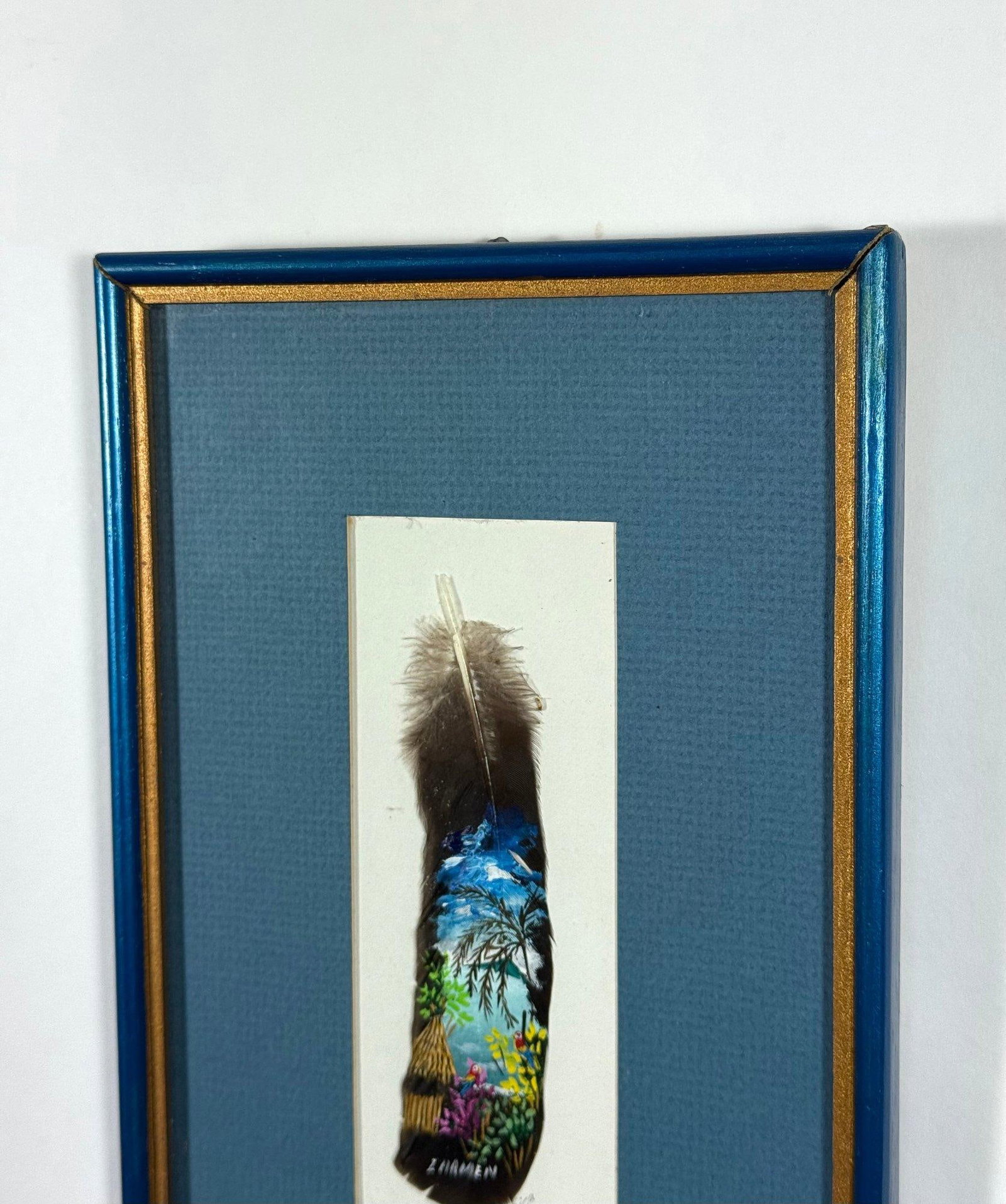 Vintage 1992 Costa Rica Hand-Painted Feather Art, Framed & Signed - 4