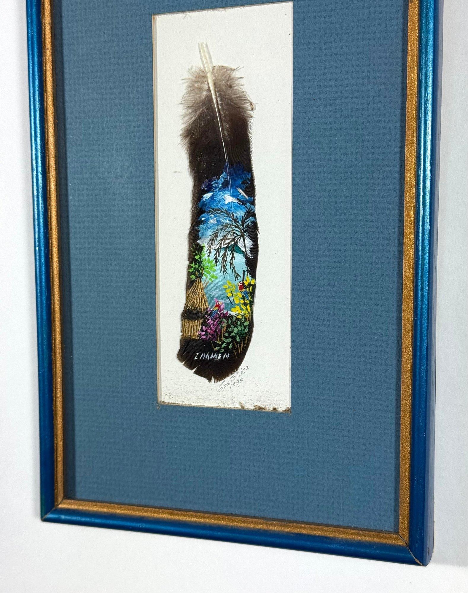 Vintage 1992 Costa Rica Hand-Painted Feather Art, Framed & Signed - 6