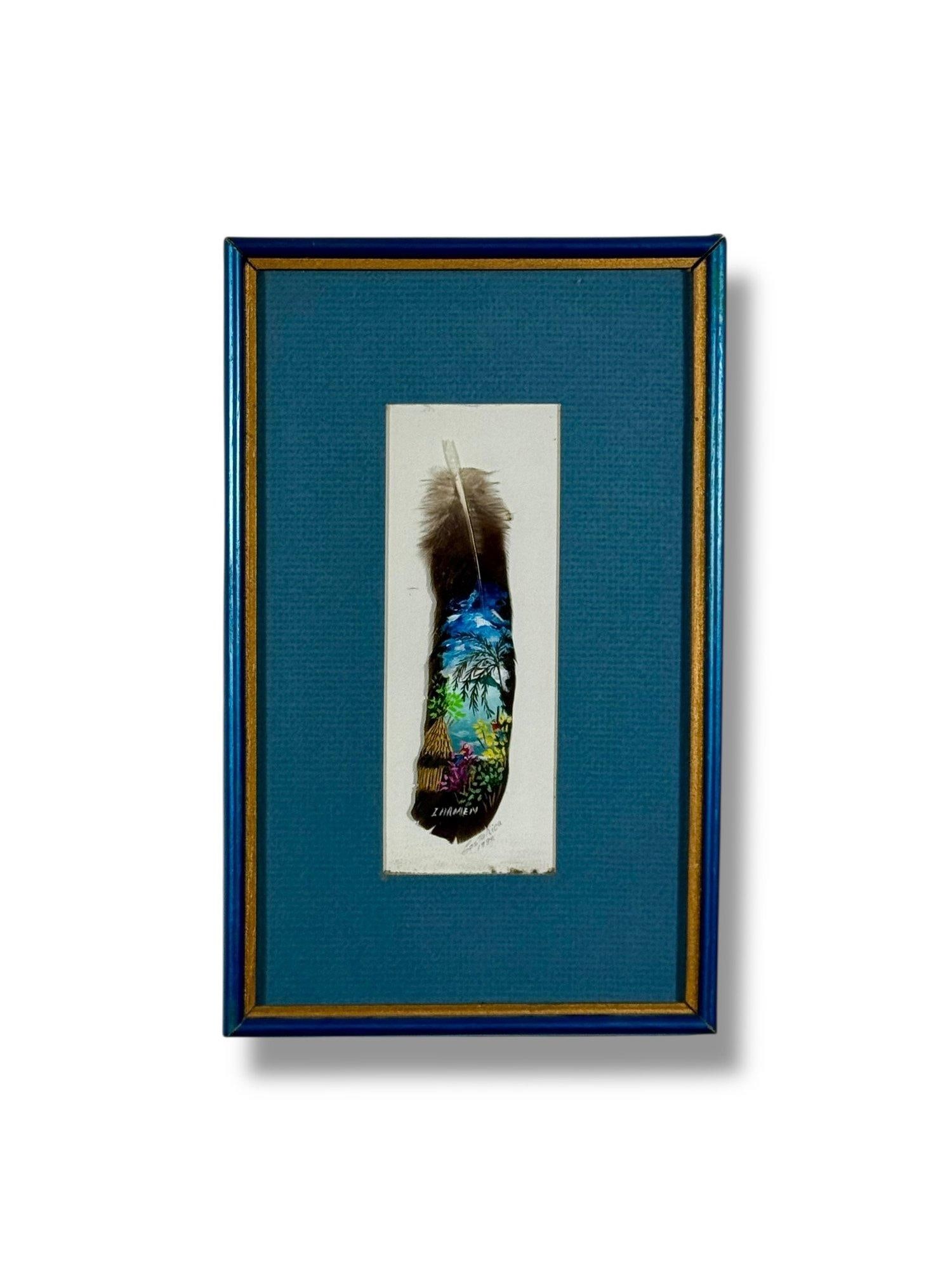Vintage 1992 Costa Rica Hand-Painted Feather Art, Framed & Signed - 8
