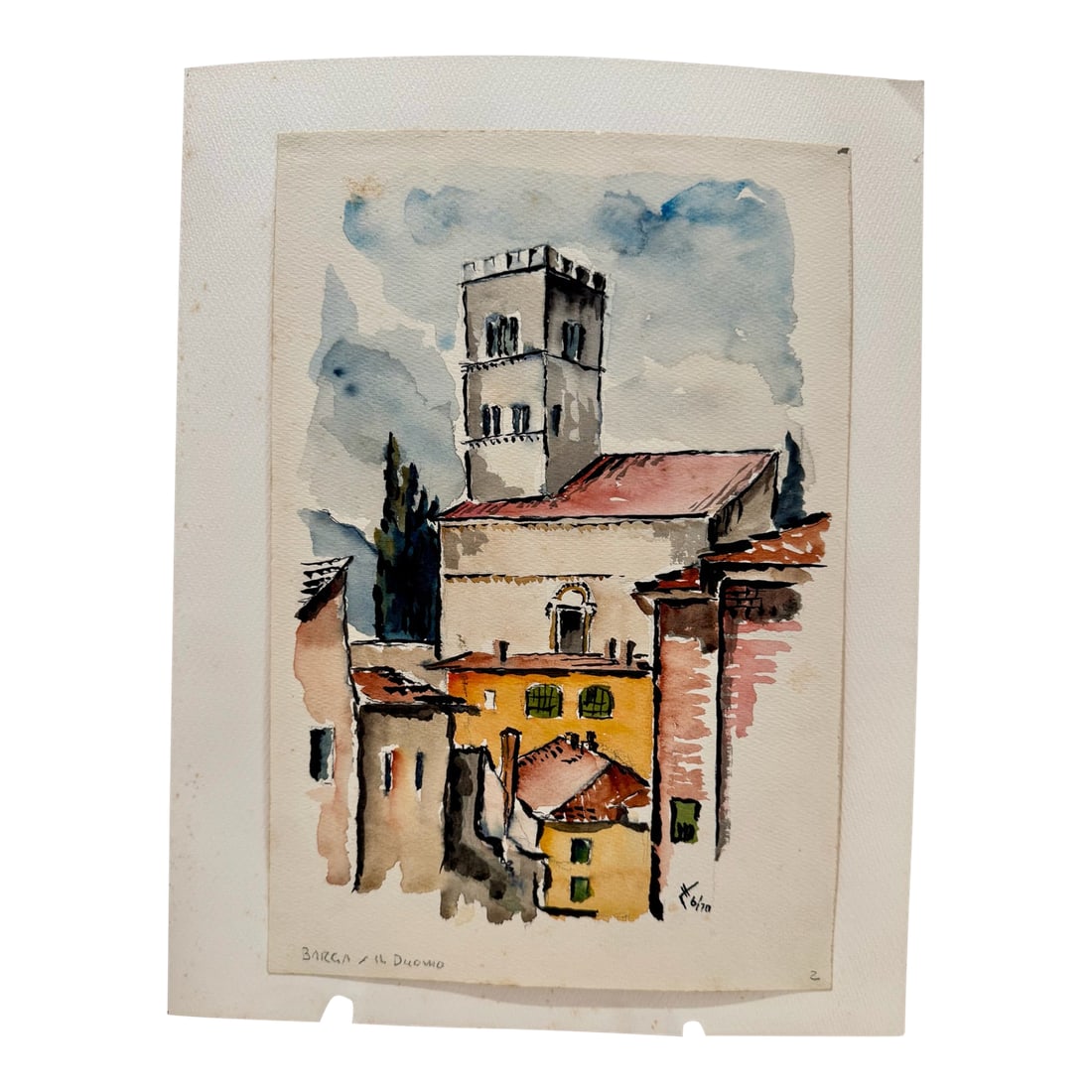 Henry Emil Salloch Original Watercolor on Paper Il Duomo, Barga Italy. 1970.: Original watercolor on paper by Henry Emil Salloch, also known as Heinz Emil Salloch, the German-born American artist and graphic designer who emigrated to the United States in 1937. This unframed