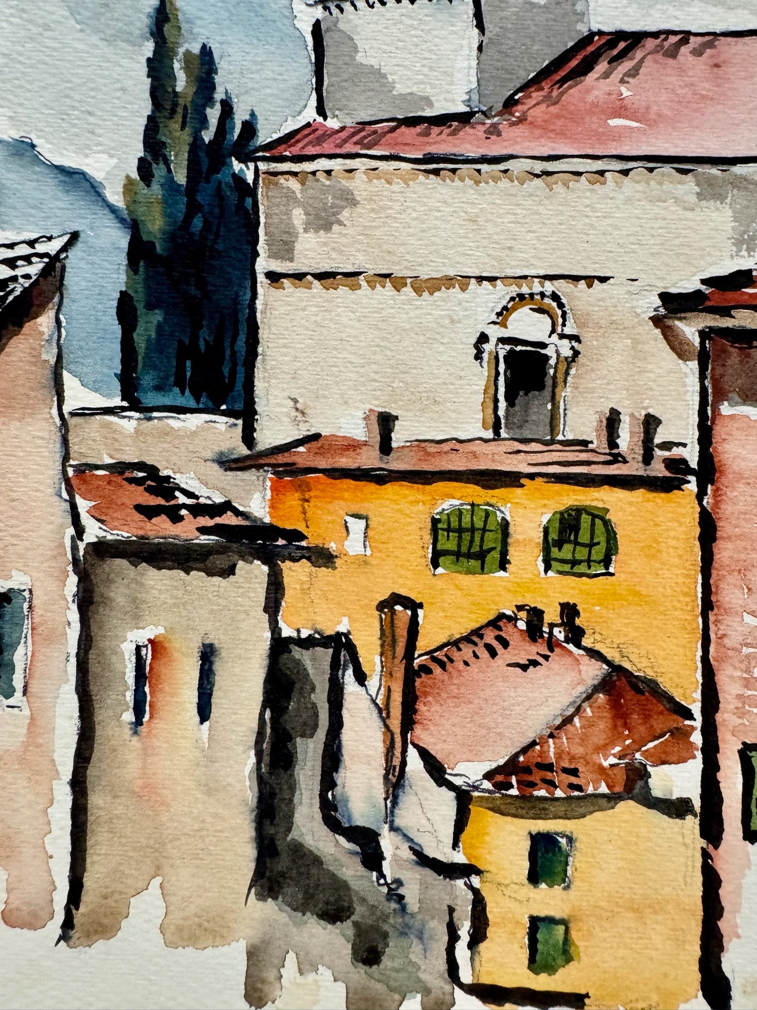 Henry Emil Salloch Original Watercolor on Paper Il Duomo, Barga Italy. 1970. - 2