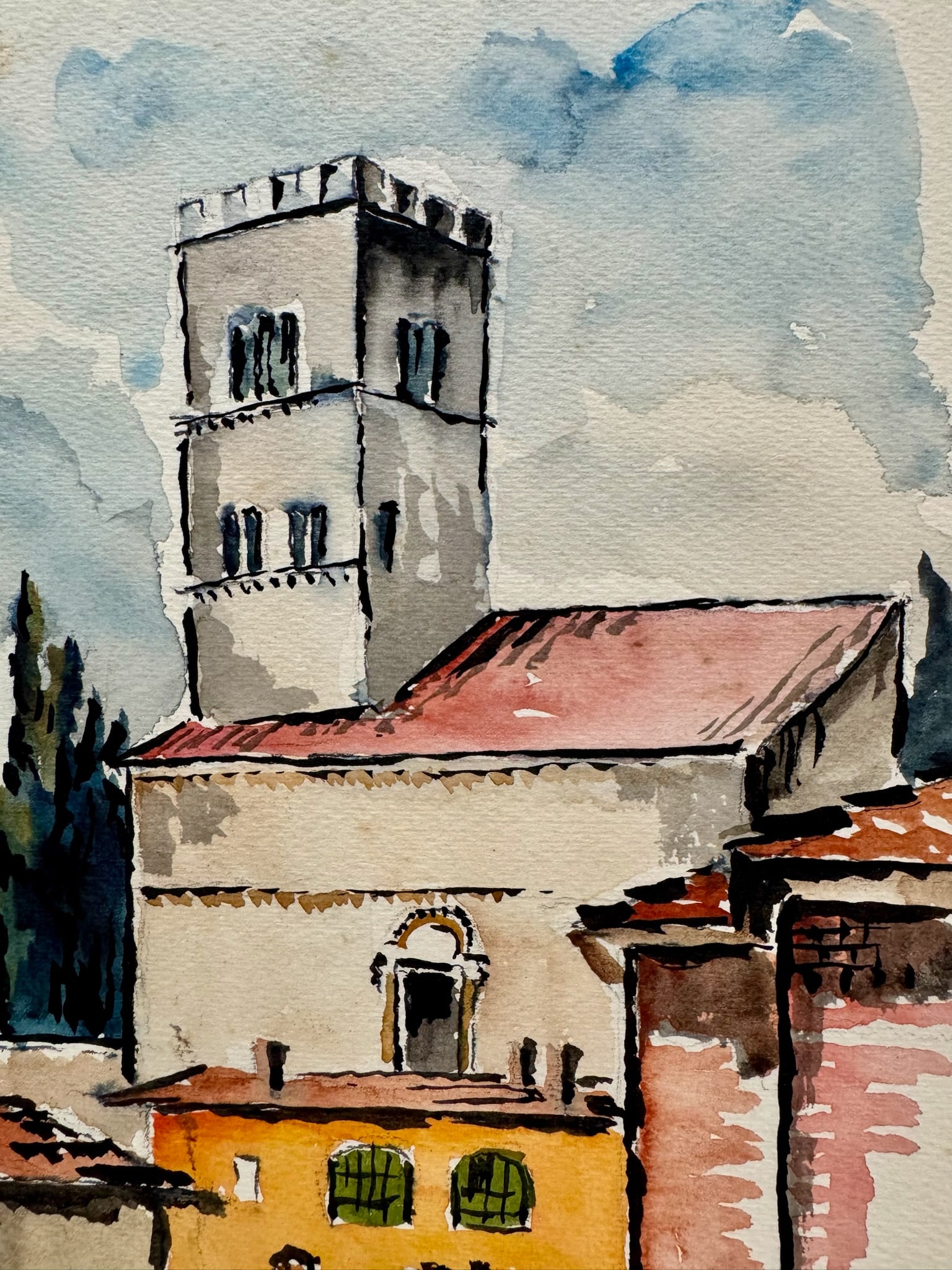 Henry Emil Salloch Original Watercolor on Paper Il Duomo, Barga Italy. 1970. - 3