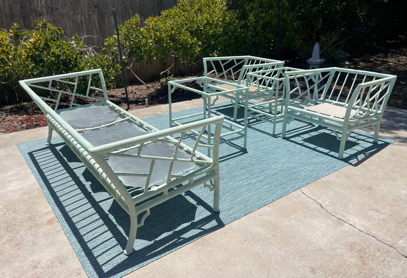 Vintage Faux Bamboo Patio Set by Meadowcraft, Chippendale Details and Sunbrella Cushions - 10