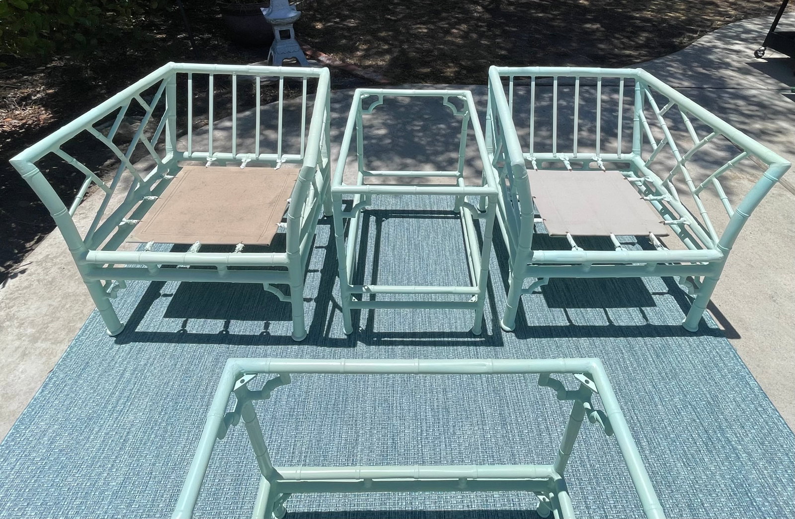 Vintage Faux Bamboo Patio Set by Meadowcraft, Chippendale Details and Sunbrella Cushions - 11