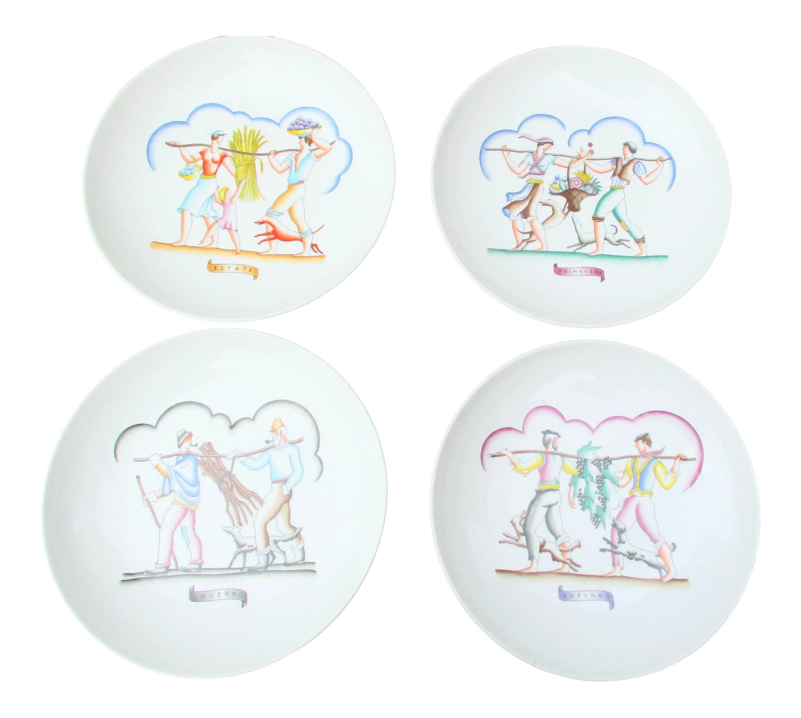 1960s Gio Ponti for Richard Ginori the Four Seasons Plates- Set of 4: Gio Ponti Four Seasons decorative plates for Richard Ginori 1960s'. Four Seasons in a complete set. Each with hallmarked backs and series numbers. The size is 9.25" in diameter and 2" deep.