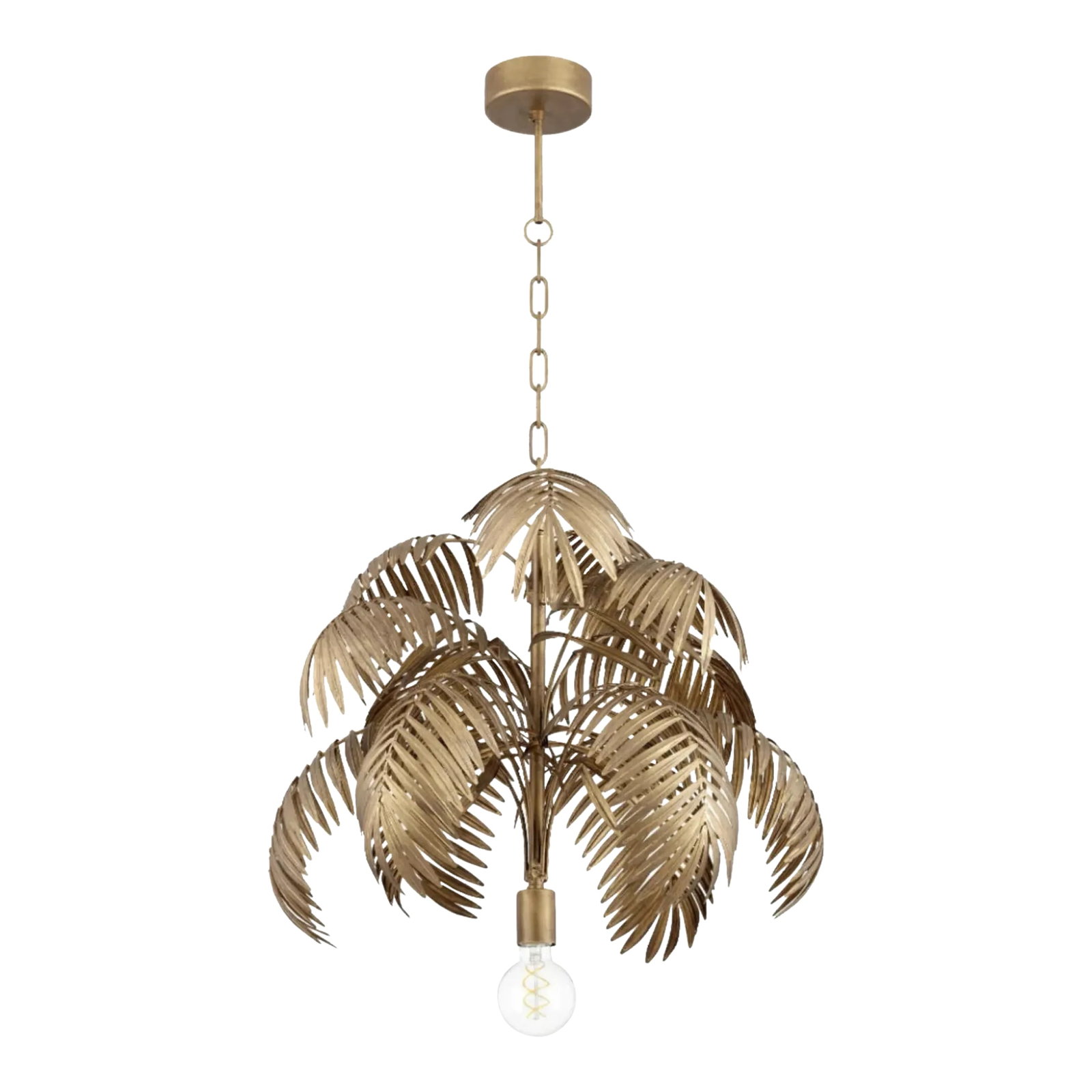 1970s Gold Medal Palm Leaf Chandelier: Add a touch of nature to your space with the Ravello Pendant by Cyan Design. This stunning antique brass chandelier features a charming palm-like encasement and a fully formed shape, diffusing a
