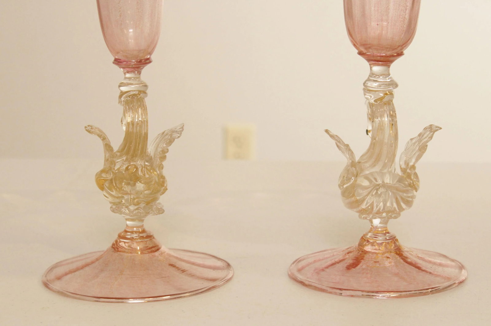 Antique Hand Blown Venetian Salviati Glass Trompet Vases with Swans - A Pair - 12