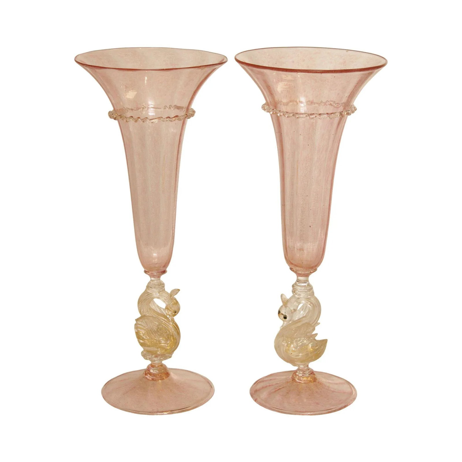 Antique Hand Blown Venetian Salviati Glass Trompet Vases with Swans - A Pair - 13
