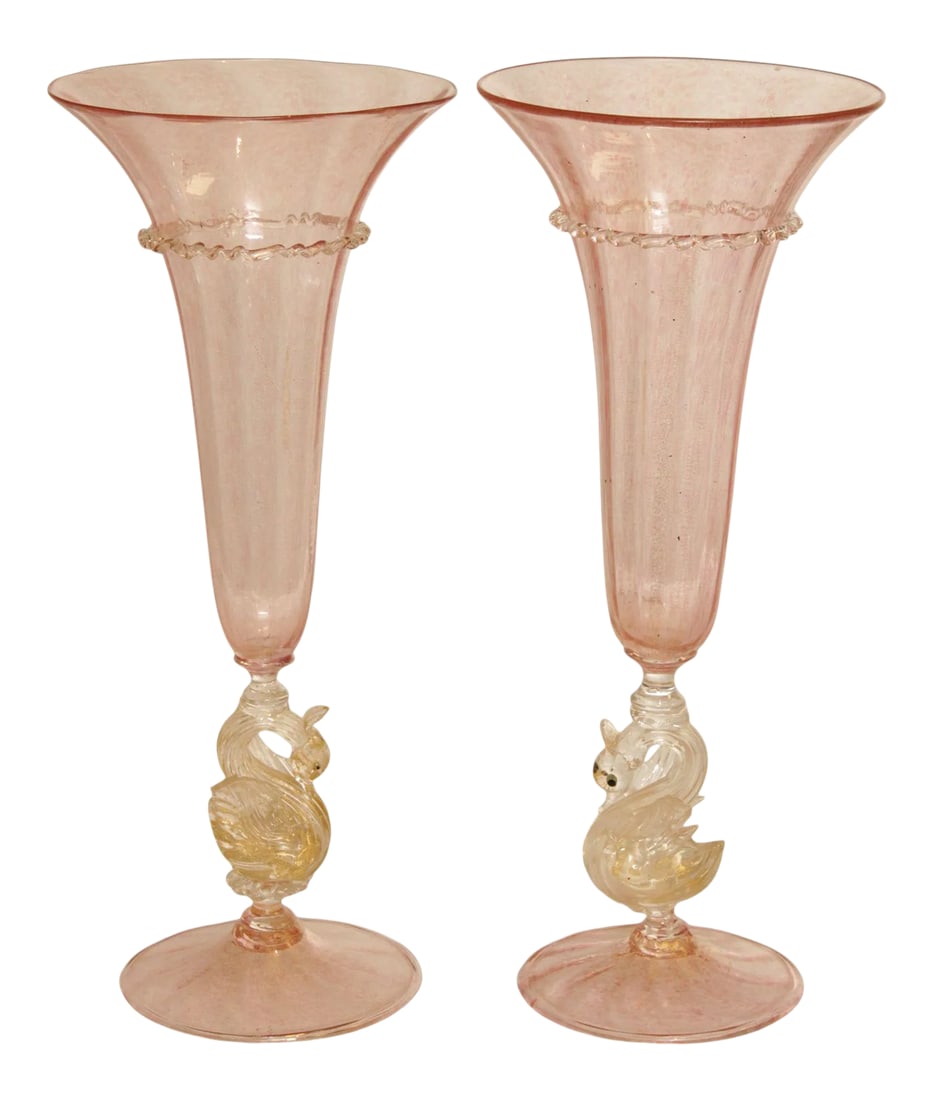 Antique Hand Blown Venetian Salviati Glass Trompet Vases with Swans - A Pair (1 of 13)