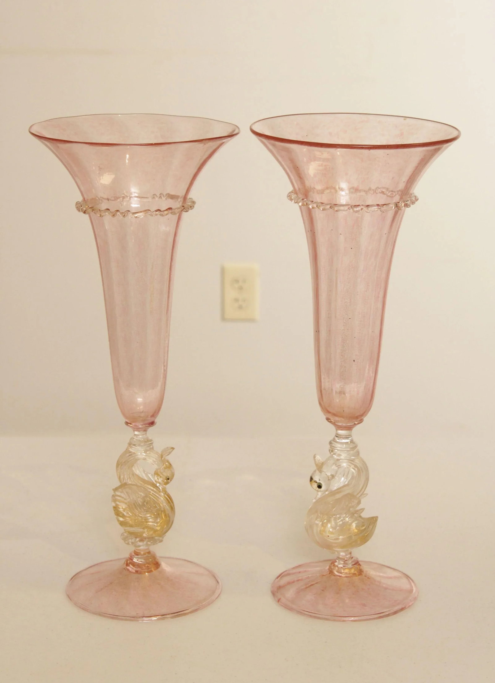 Antique Hand Blown Venetian Salviati Glass Trompet Vases with Swans - A Pair - 2