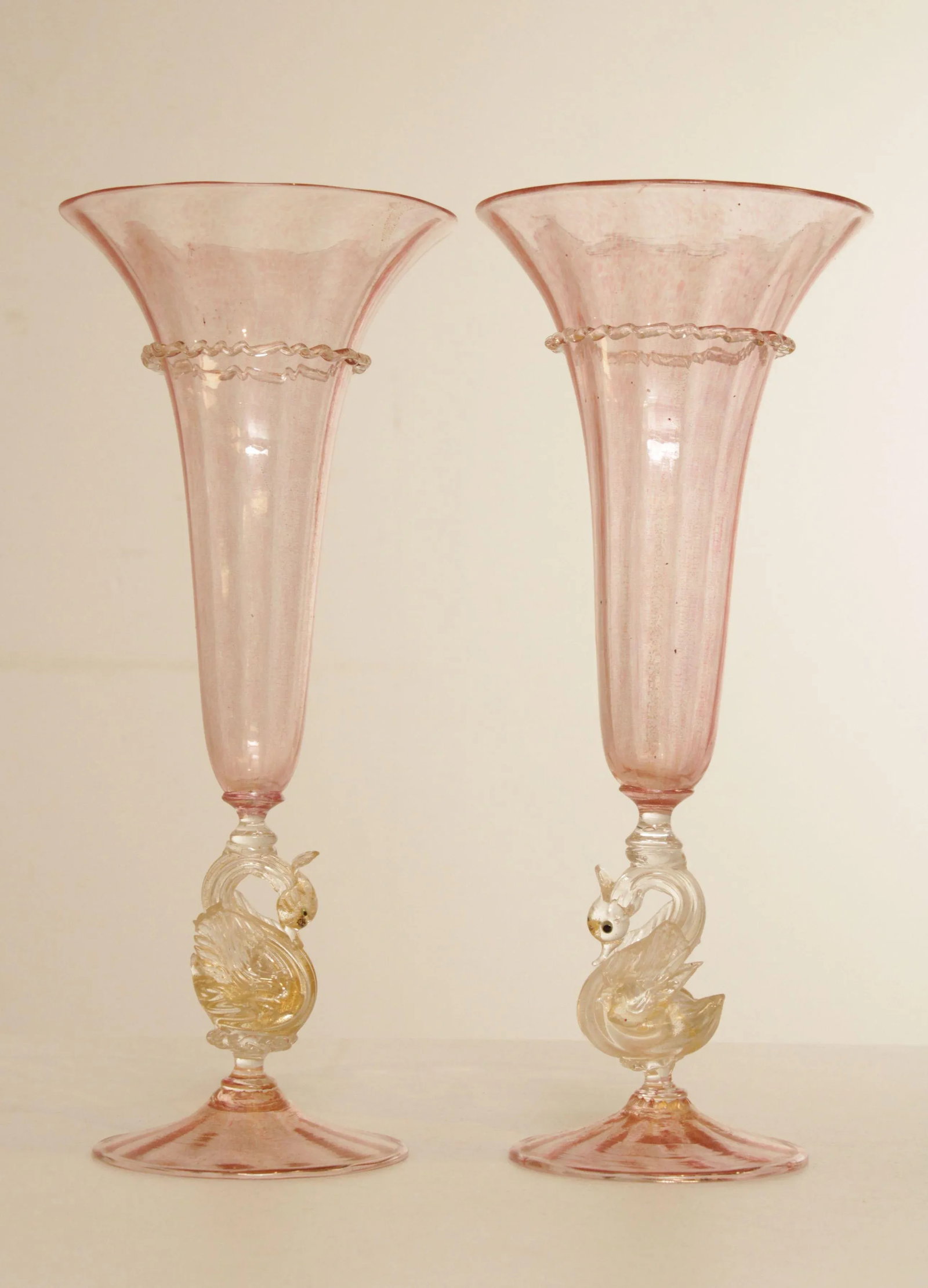 Antique Hand Blown Venetian Salviati Glass Trompet Vases with Swans - A Pair - 3