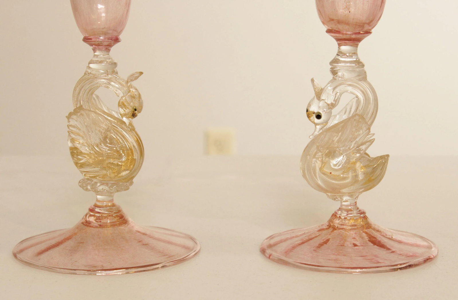 Antique Hand Blown Venetian Salviati Glass Trompet Vases with Swans - A Pair - 4