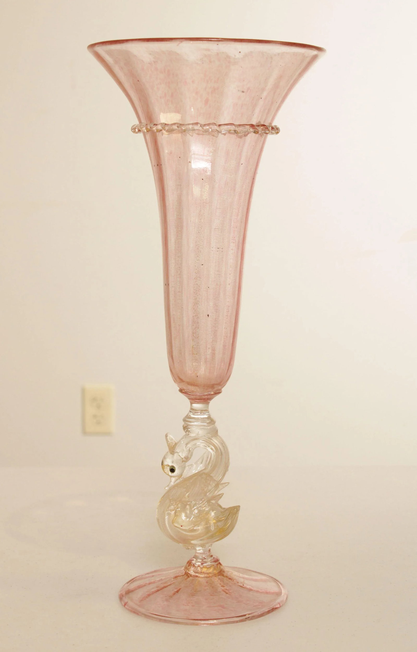 Antique Hand Blown Venetian Salviati Glass Trompet Vases with Swans - A Pair - 5