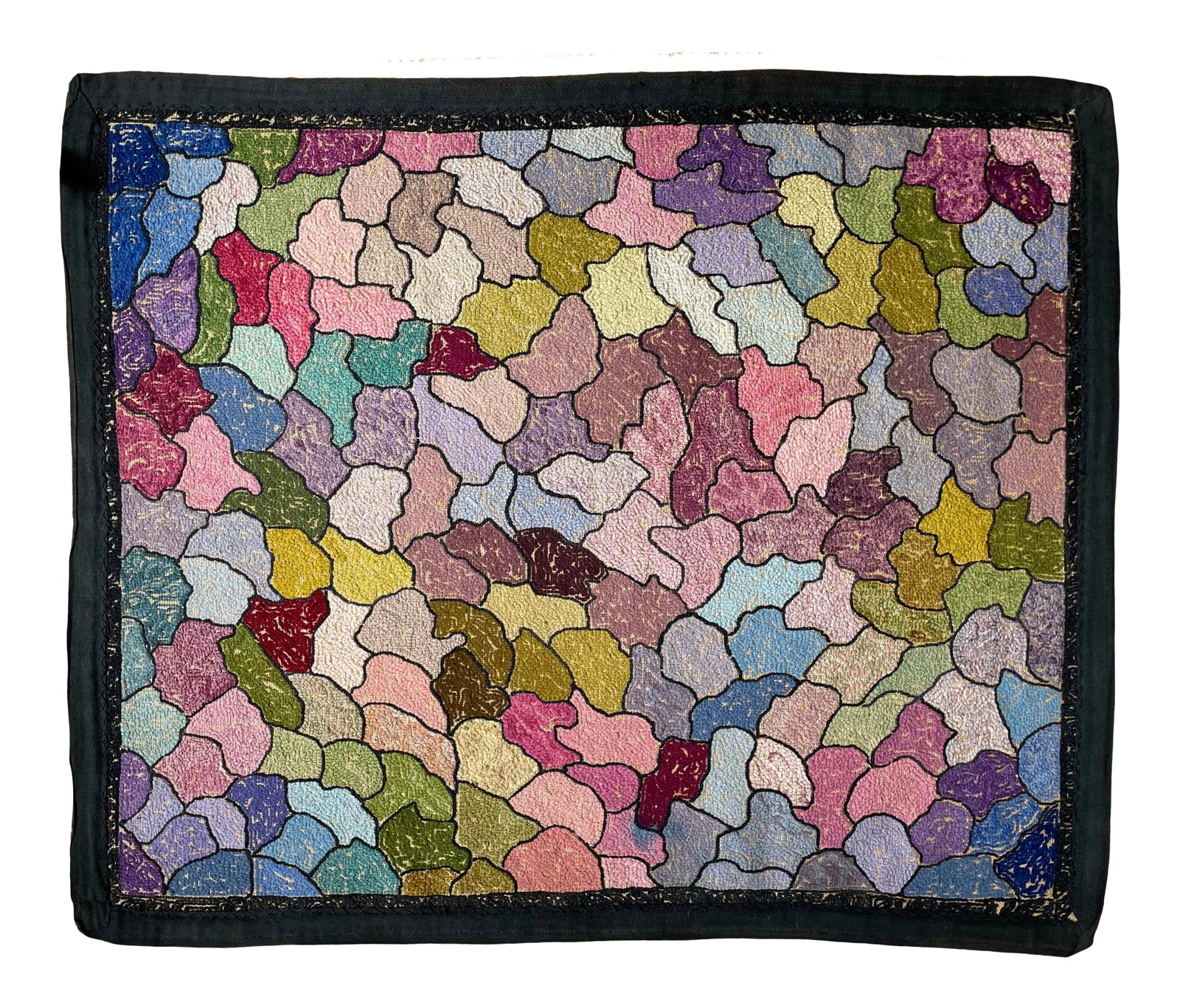 1930s Early American Hooked Rug: This is a pastel lover's dream. Get lost in the wonders this fabulous early American hooked jig saw puzzle of a rug. I promise it will inspire you to happiness with its genius. Condition: