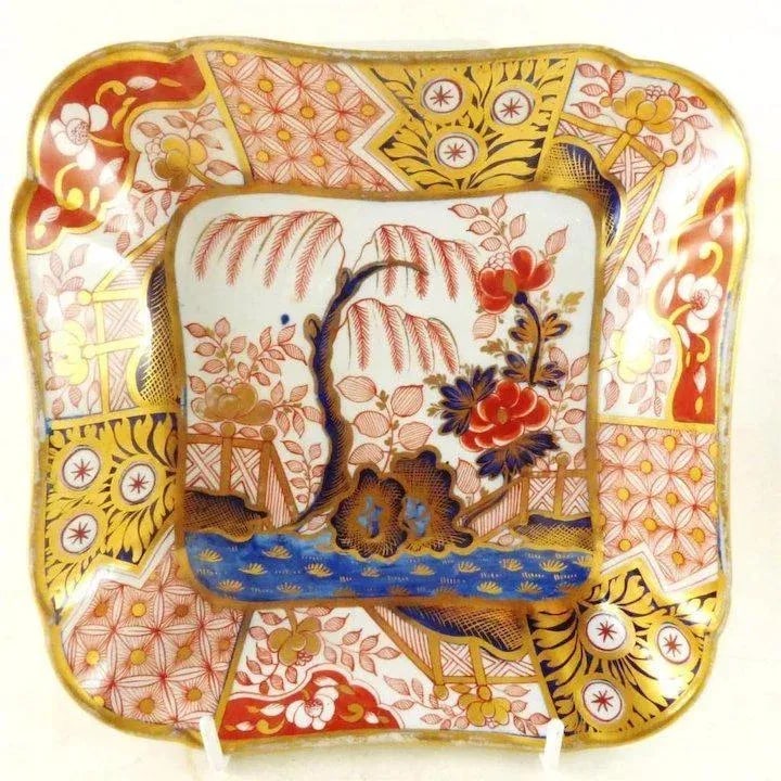 1810 Coalport Porcelain Rock & Tree Imari Square Dessert Dish - 7