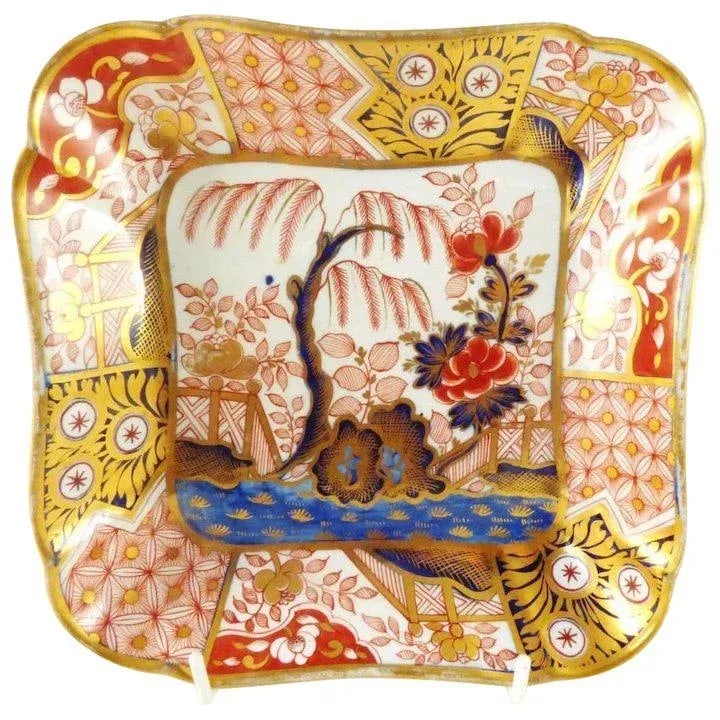 1810 Coalport Porcelain Rock & Tree Imari Square Dessert Dish - 8