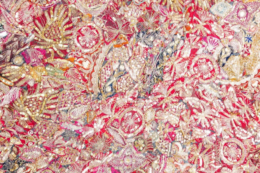 Mughal Embroidered Metal Threaded Tapestry from Rajasthan Framed - 5