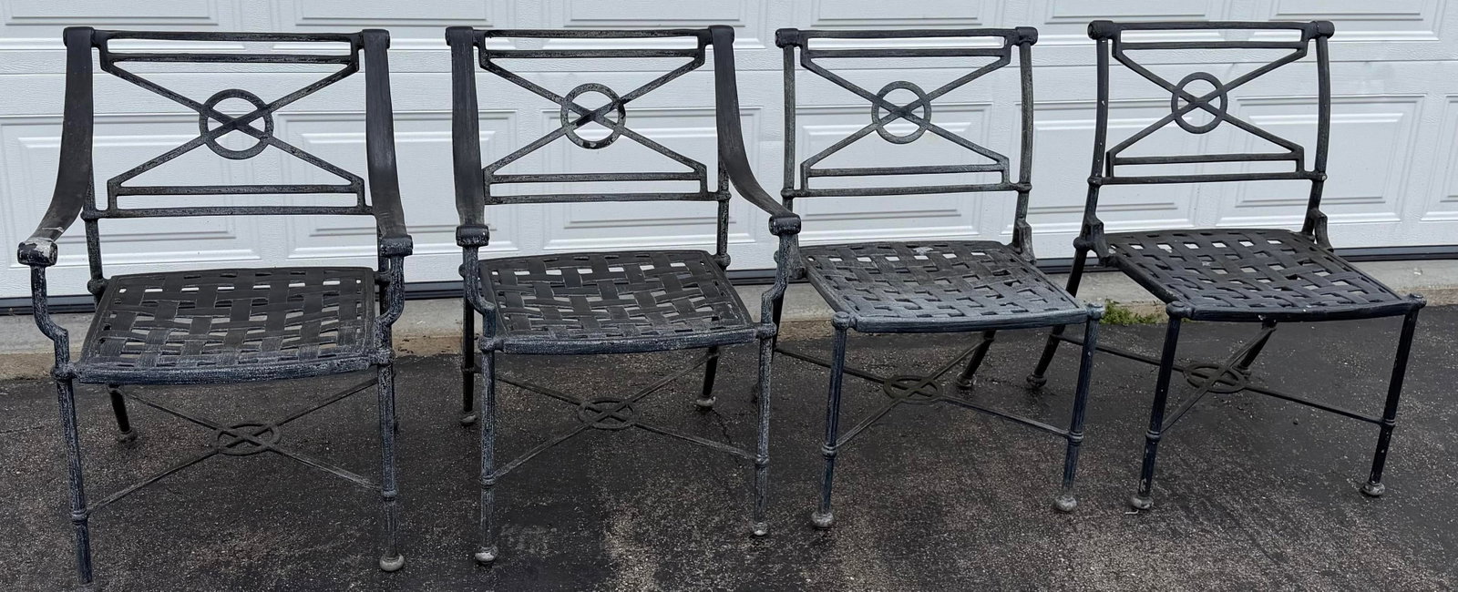 Vintage Woodard Delphi Outdoor Dining Set - Round Glass Top Table With 4 Cast Aluminum Chairs - 10