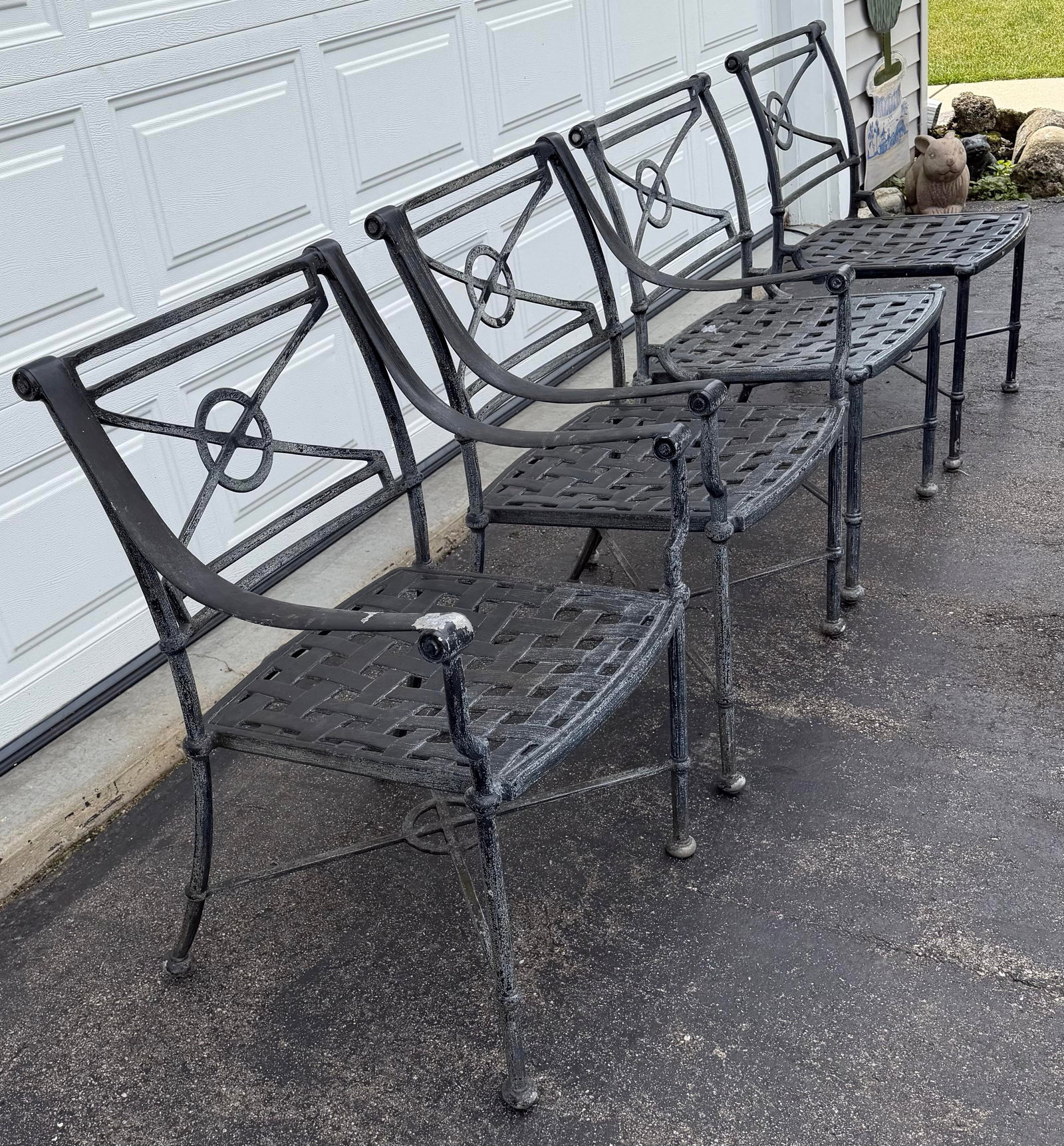 Vintage Woodard Delphi Outdoor Dining Set - Round Glass Top Table With 4 Cast Aluminum Chairs - 11