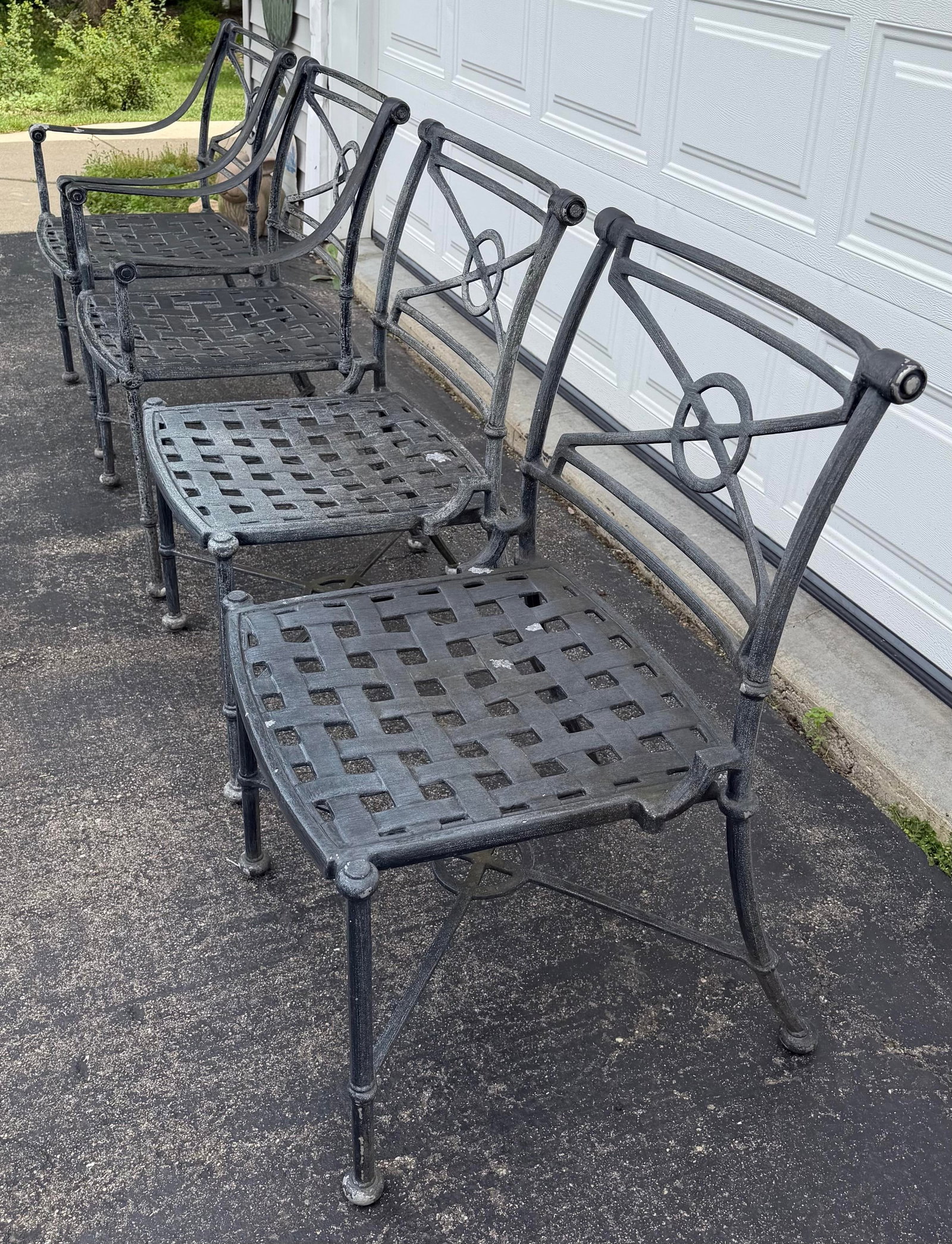 Vintage Woodard Delphi Outdoor Dining Set - Round Glass Top Table With 4 Cast Aluminum Chairs - 12