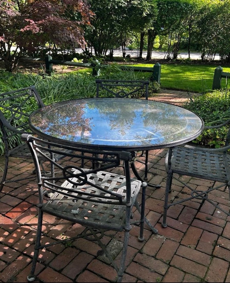Vintage Woodard Delphi Outdoor Dining Set - Round Glass Top Table With 4 Cast Aluminum Chairs - 2