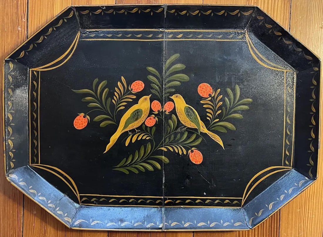 Antique Early 19th Century American Federal Vermont Folk Art Paint Decorated Tole Bird Tray - 3