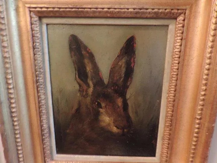 19th Century Hare Portrait Oil Painting on Wood Panel in Gilt Wood Frame - 3